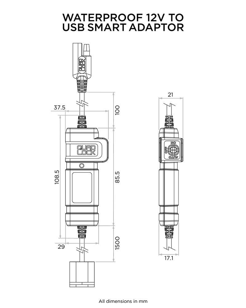 Quad Lock Motorcycle Waterproof 12V To USB Smart Adaptor