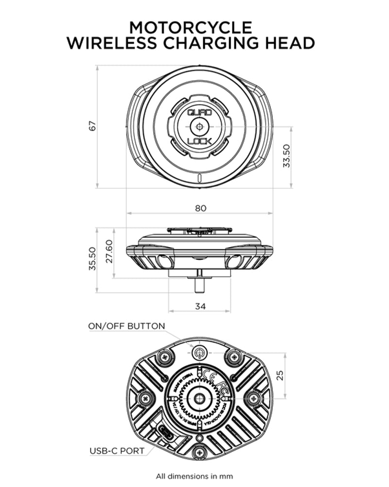 Quad Lock Motorcycle Weatherproof Wireless Charging Head V3